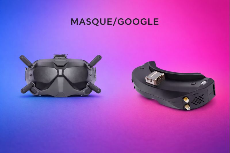 Masque DJI google v2 et SKYZONE 040 pro avec un fond degrade de gauche a droite bleu vers rose